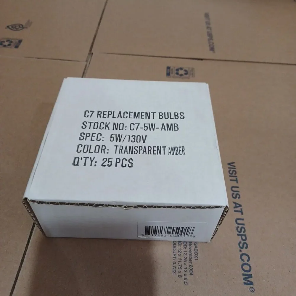 C7 5W Amber Box of 25 Replacement Bulbs Transparent 130v NOS Light Outdoor Craft